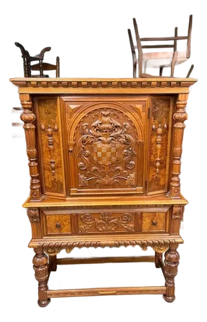 Antique Hand Carved Dresser Cabinet, Berkey & Gay, Jacobean Revival, Walnut and Burl Wood