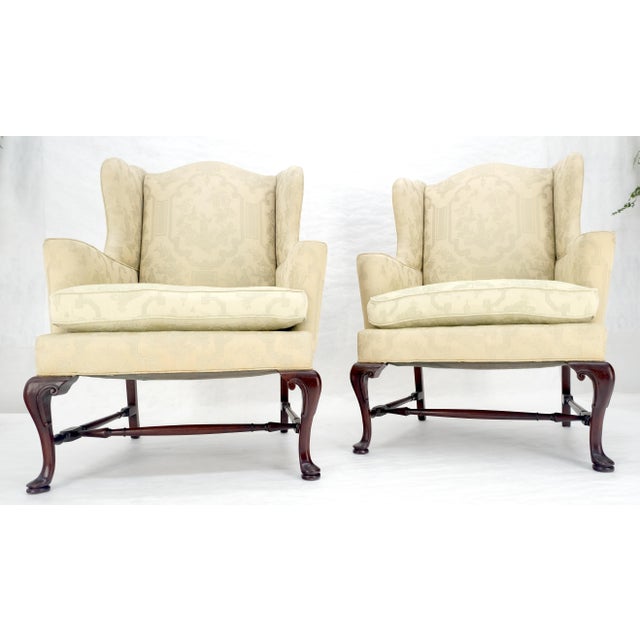 Hickory Chair Furniture Company Pair of Hickory c1960s Very fine Mahogany Queen Ann Bases Arm Wingback Chairs For Sale - Image 4 of 16