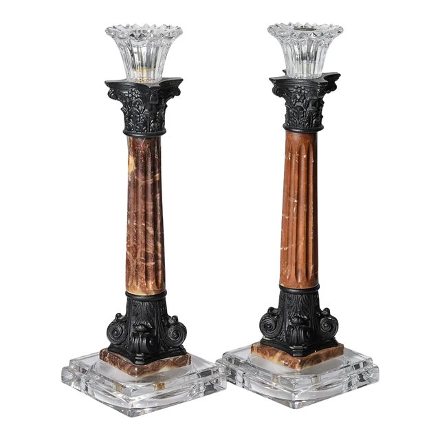 French Antique Pair of Column Marble & Glass Candlesticks/Candleholders For Sale