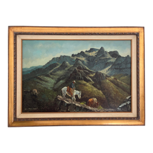 O. MacLeod (Attributed) – Monumental Western Mountain Landscape With Cowboy, Original Oil on Canvas