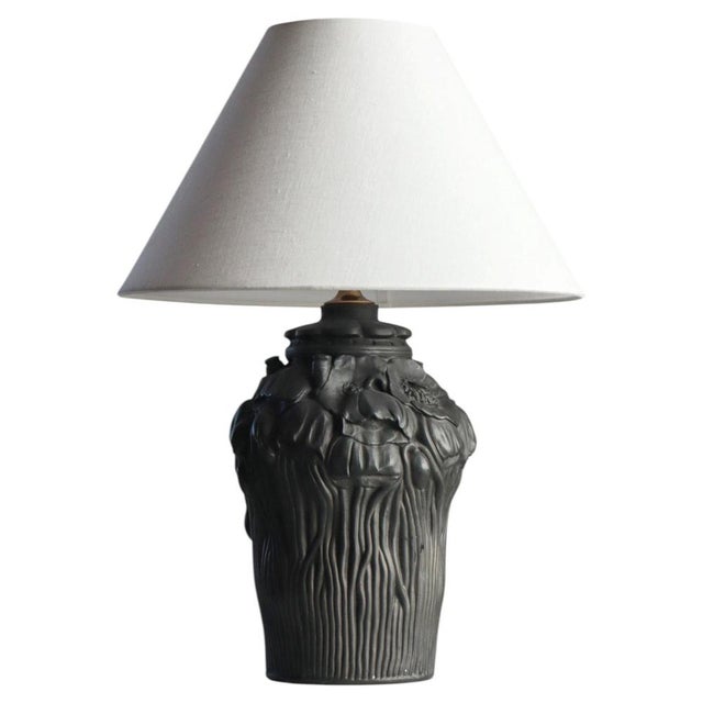Art Nouveau Table Lamp in Black Terracotta with Poppy Decor from L. Hjort, Denmark, 1920s For Sale - Image 15 of 15