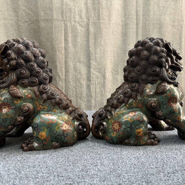 Metal Pair of Large Chinese Cloisonné Enamel Buddhist Lion Statues For Sale - Image 7 of 9