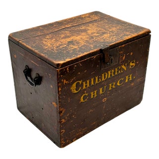 Unusual Antique Hand Painted Wood & Wrought Iron "Children's Church" Chest With Lock & Carry Handles - Circa Late 19th Century For Sale