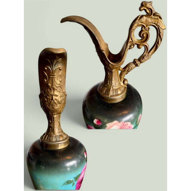 Late 19th Century Victorian Austrian Hand Painted Ewers Pair-Griffin-Green Man-Bronze-Antique-Rose For Sale - Image 5 of 11