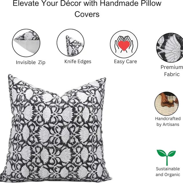 Fabdivine Handmade Block Printed Cushion Cover 14x14Inch Off-White Linen For Sale - Image 4 of 4