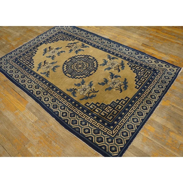 Contemporary 1920s Tan Camel Medallion Traditional Antique Chinese Baotou Carpet 4' X 6'2'' Knotted Wool Rug For Sale - Image 3 of 9