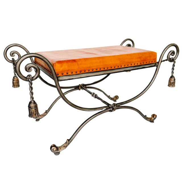 Mid-Century Modern Vintage Gray Steel Bench With Gold Tassels and Leather Seat For Sale - Image 3 of 11