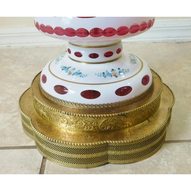 Metal Large Vintage C1940s Bohemian Ruby Red Cased Art Glass & Brass Floral Table Lamp For Sale - Image 7 of 12