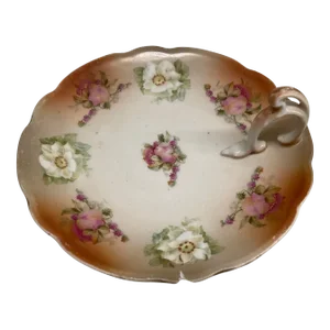 Antique Victorian Decorative Dish / Plate / Catchall with Rose and Peach Floral Design