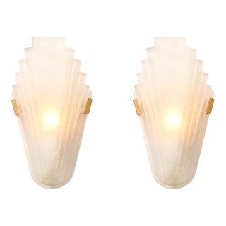 Early 20th Century Art Deco Skyscraper Style Frosted Glass Slip Shade Crystalline Texture Sconces For Sale
