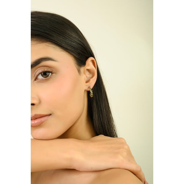 Metal 18k Solid Gold 2.08 Ct Round Cut Emerald Classic Bezel Hoop Earrings- 2 Pieces For Sale - Image 7 of 12