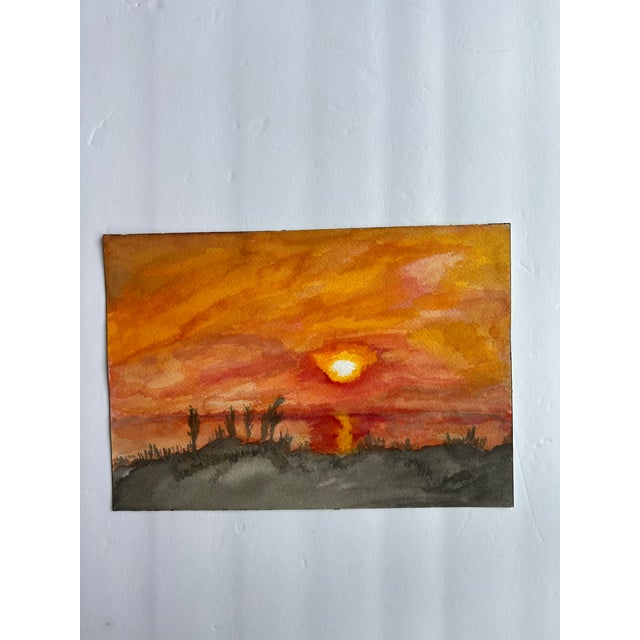 Traditional Vibrant Unframed Watercolor Painting of Sunset Landscape For Sale - Image 3 of 4