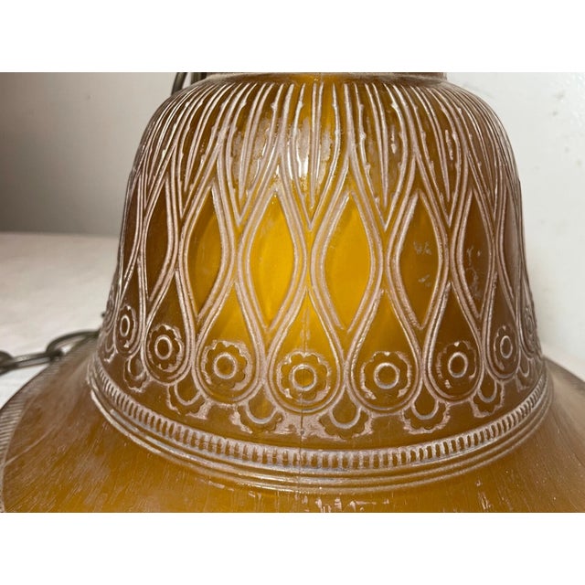 1940s 1940s Large Art Deco Cameo Amber Glass Brass Hanging Fixture Electric Chandelier For Sale - Image 5 of 10