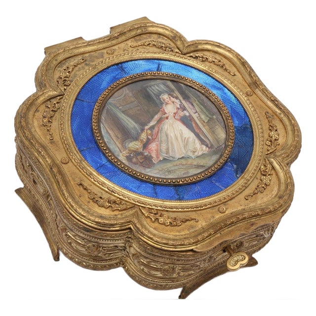 19thC Volliers Louis XVI Gilt Bronze Enamel Jewelry Box 1pc For Sale