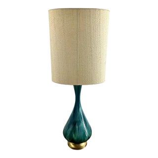 Mid-Century Modern Green Malachite Teardrop Design Table Lamp W Custom Shade For Sale