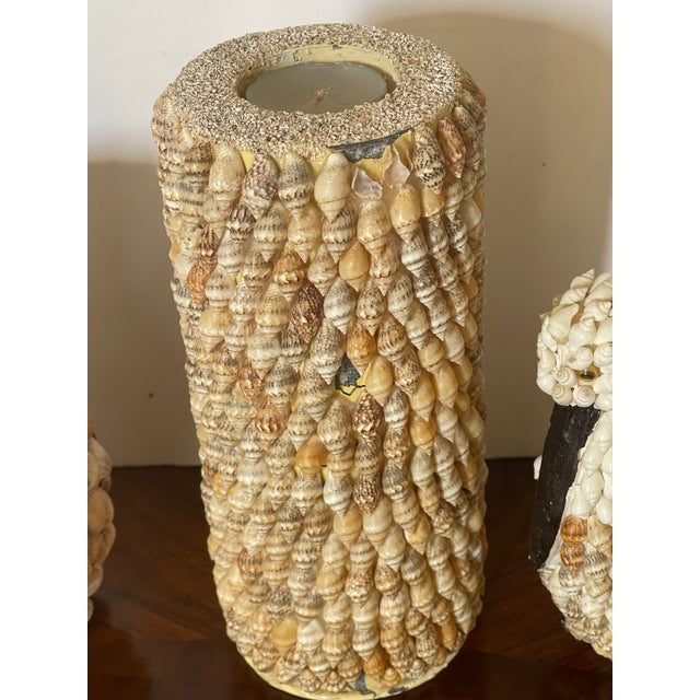 Coastal 3 Sea Shell Encrusted Candlestick Vase Pelican Figurin For Sale - Image 3 of 4