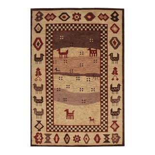 6x9 Ivory Hand-Knotted Wool Animal Silhouette Landscape Traditional Carpet Rug For Sale