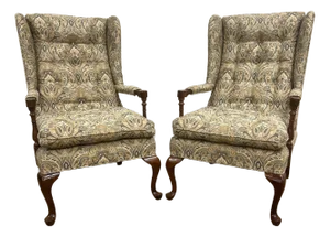 Vintage Queen Anne Wingback Tufted Armchairs or Occasional Chairs - Pair