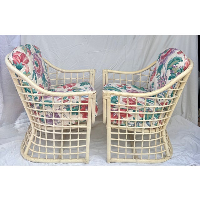 1980's Rattan Lattice Barrel Lounge Chairs With Chinoiserie Cushions in the Style of Ficks Reed a Pair For Sale - Image 9 of 16