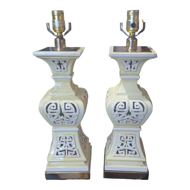 Pair of Vintage Ceramic Tiki Style Table Lamps For Sale