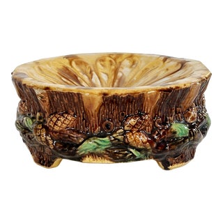 Antique Majolica Faux Bois, Acorns & Leaves Cuspidor/Bowl or Planter For Sale