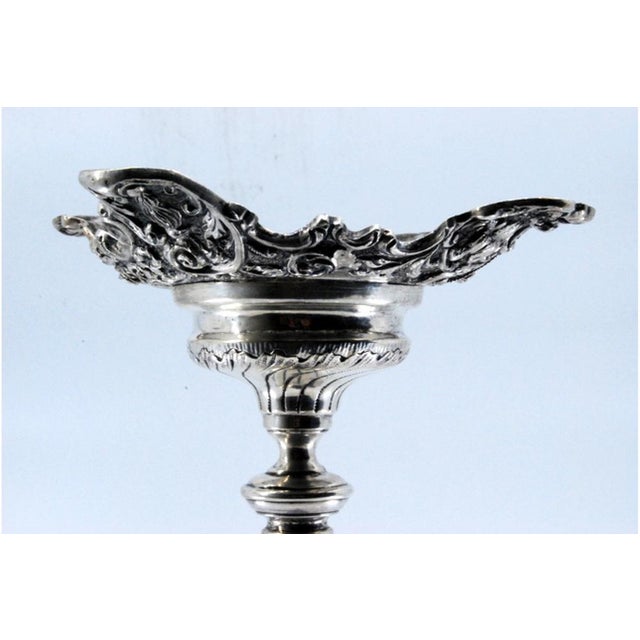 Embossed Silver Candlestick with Square Base and Cut-Out Supports, in Good conditions. Designed 1920 to 1949