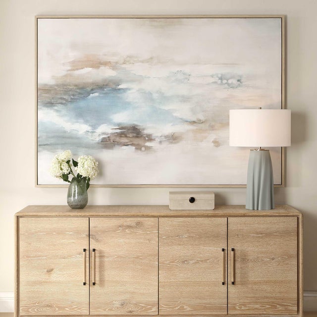 Soft Brushstrokes In A Captivating Array Of Muted Blues, Grays, And Warm Neutrals Coalesce To Form A Serene Hand Painted...