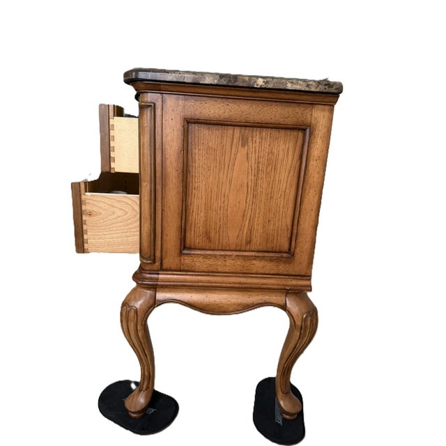 Pair of French Provincial Burl Wood Nightstands With Marble Tops – Bombe Chest Style For Sale - Image 10 of 13