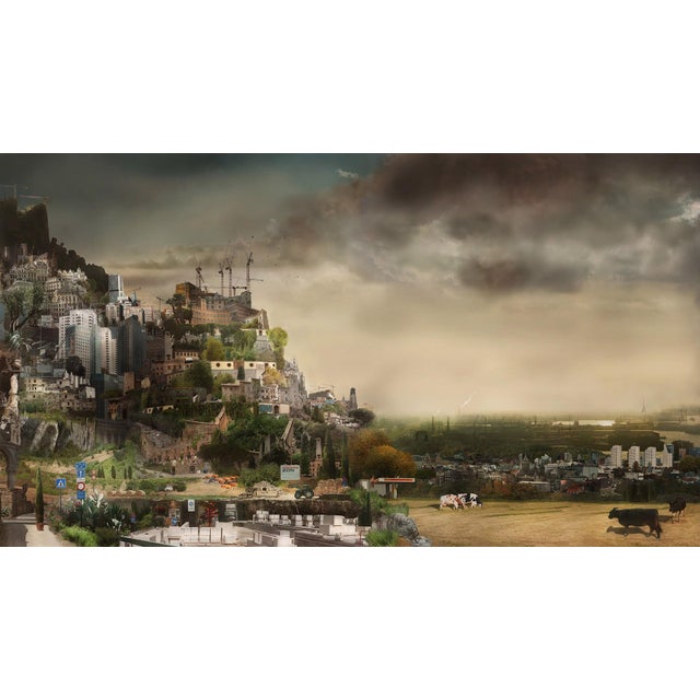 Europa by Mariska Karto | Hyperphotocollage on metal depicting a surreal landscape with urban and rural elements. For Sale