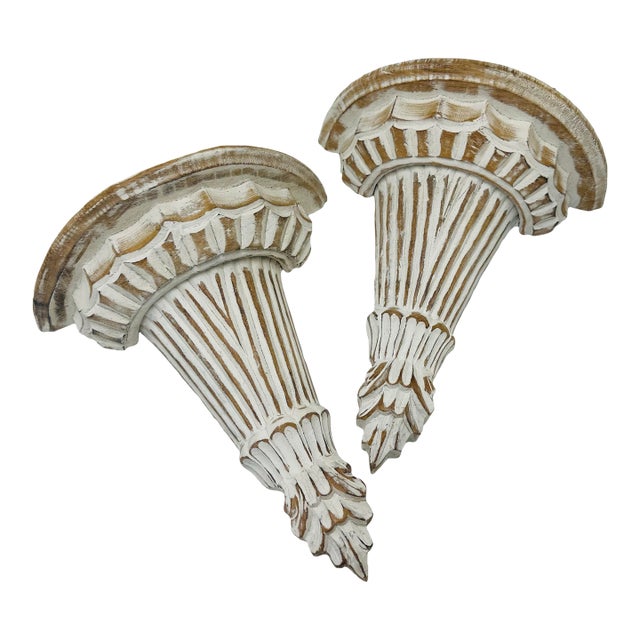 Vintage Whitewashed Wooden Wall Brackets, a Pair For Sale
