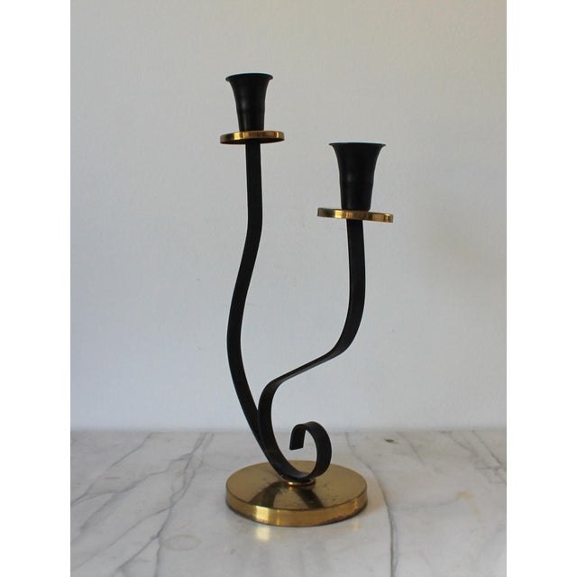 Mid 20th Century Mid-Century Black Metal and Brass Scrolled Double-Candle Holder For Sale - Image 5 of 11