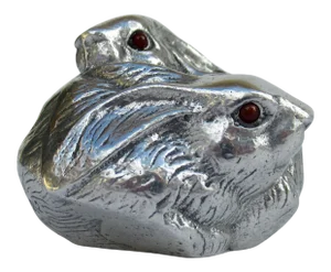 Vintage C.1992 Arthur Court Aluminum Dual "Intertwined" Rabbits Paperweight, Decorative/Accent With Carnelian Red Eyes