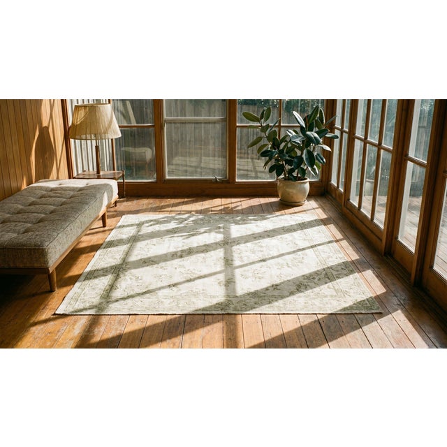 Ivory 1930s Ivory Floral Antique Indian Agra Rug 4'0" X 6'0". Knotted Pile Cotton Carpet For Sale - Image 8 of 10