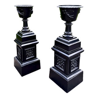 Large Antique Black Cast Iron Garden Urns on Pedestals, Pair, Circa 1900 For Sale