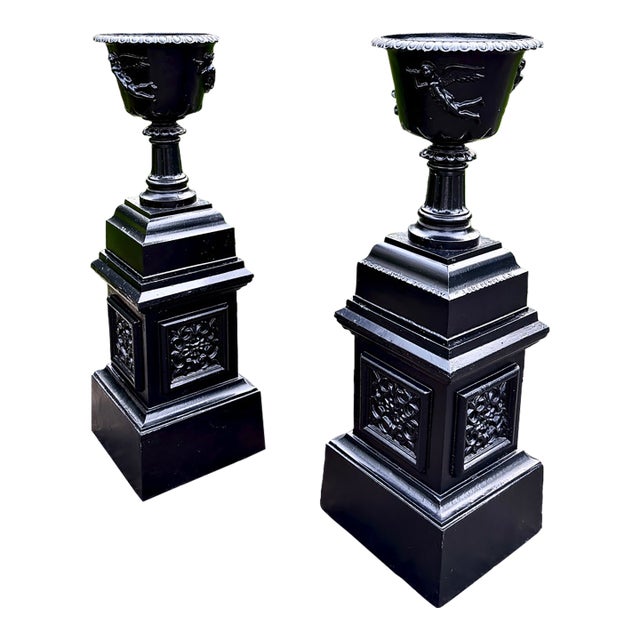 Large Antique Black Cast Iron Garden Urns on Pedestals, Pair, Circa 1900 For Sale