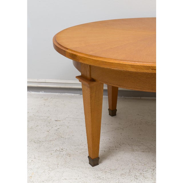 Vintage French Circular Coffee Table in Oak on Tapered Legs ending in Brass Sabots