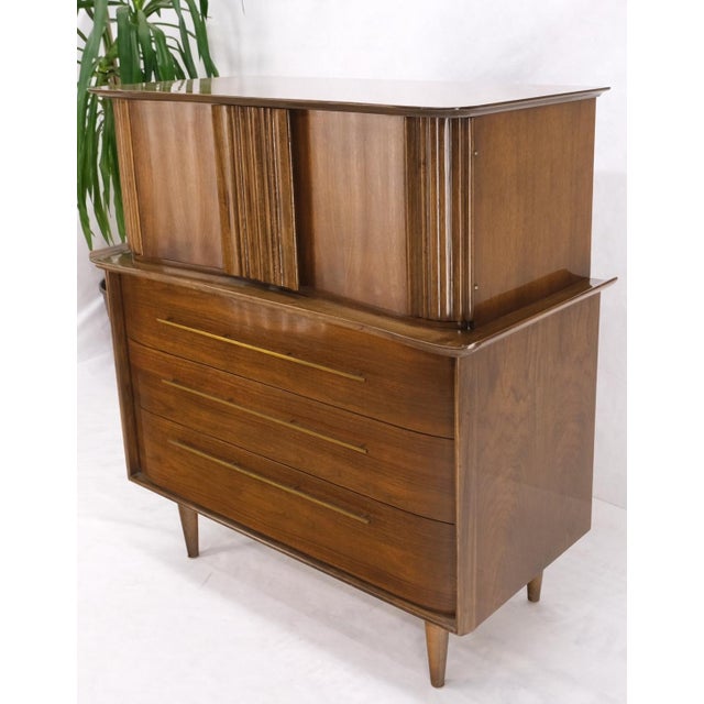 Light Walnut Bow Front Drawers Long Brass Pull Hardware Gentleman's Chest Mint For Sale - Image 6 of 18