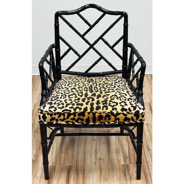 Mid 20th Century Vintage Chippendale Style Black Faux Bamboo Arm Chair With Leopard Print Velvet Upholstery For Sale - Image 5 of 11