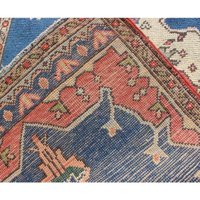Blue Grand Dual Medallion Oushak Vintage Runner From Turkey in Red and Blue For Sale - Image 8 of 9
