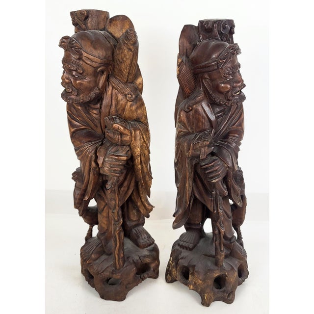 Wood Pair of Large Antique Chinese Li Tieguai Carved Wood Figures W. Glass Eyes For Sale - Image 7 of 14