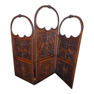 Art Nouveau Three-Panel Hand Carved Oak Screen Military or Musical Dressing Screen For Sale