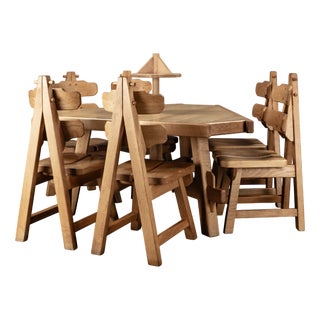 Brutalist Triangular Oak Dining Table and Chairs, Netherlands, 1960s, Set of 8 For Sale