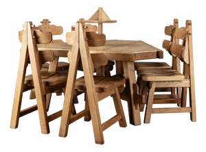 Brutalist Triangular Oak Dining Table and Chairs, Netherlands, 1960s, Set of 8