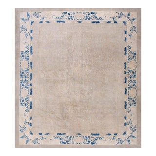 1880s Antique Beige Cream Open Field Chinoiserie Qing Style Chinese Peking Rug For Sale