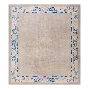 Magnificent Antique Chinese Peking Rug Chinoiserie Pattern Light Gray Background and Ivory/Blue Border