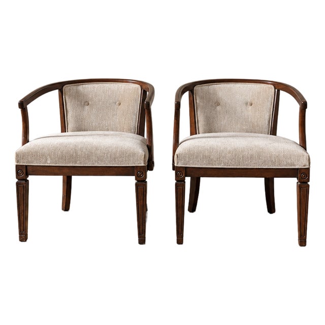 Pair of Vintage Curved Wood and Upholstered Barrel Armchairs For Sale