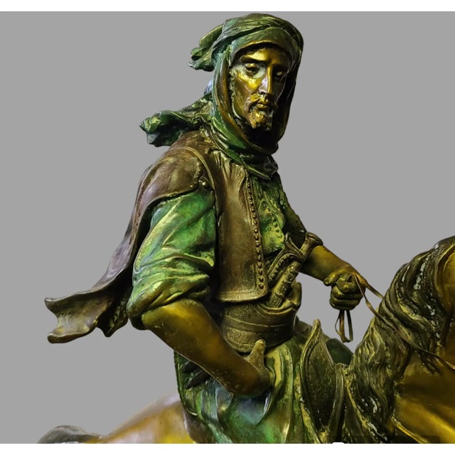 Vintage Barye Attributed "Arab Worrier on Horse" Bronze Sculpture Marble Base 30'' High For Sale - Image 4 of 12