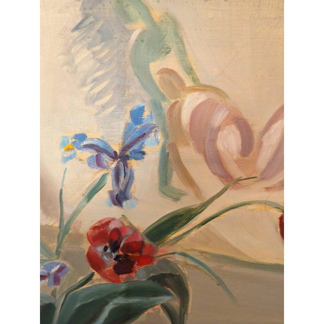 Green Mid-Century Modern "Floral & Figurine" Swedish Vintage Still Life Oil Painting, Framed For Sale - Image 8 of 12