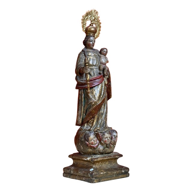 Our Lady of the Rosary with Child in Polychrome Wood For Sale