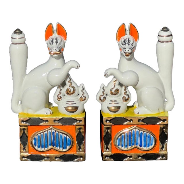Large Pair of Japanese Inari Fox Figures — Gilt Porcelain Temple Guardians For Sale